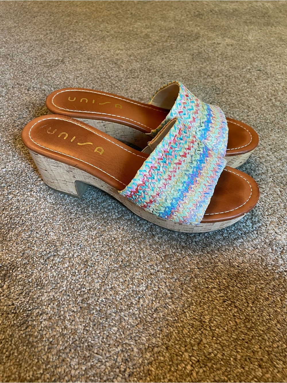 Unisa Unjoani Pastel Multicolor Woven Cork Platform sandals Boho Slide Size 10M